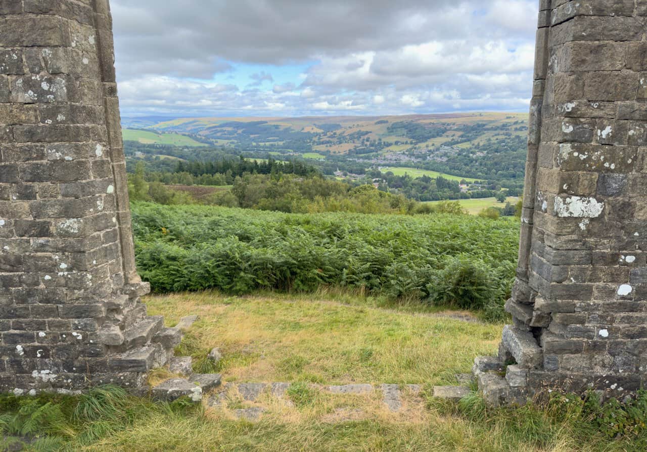 The view from Yorke's Folly, looking across Nidderdale and down towards Pateley Bridge in the valley.