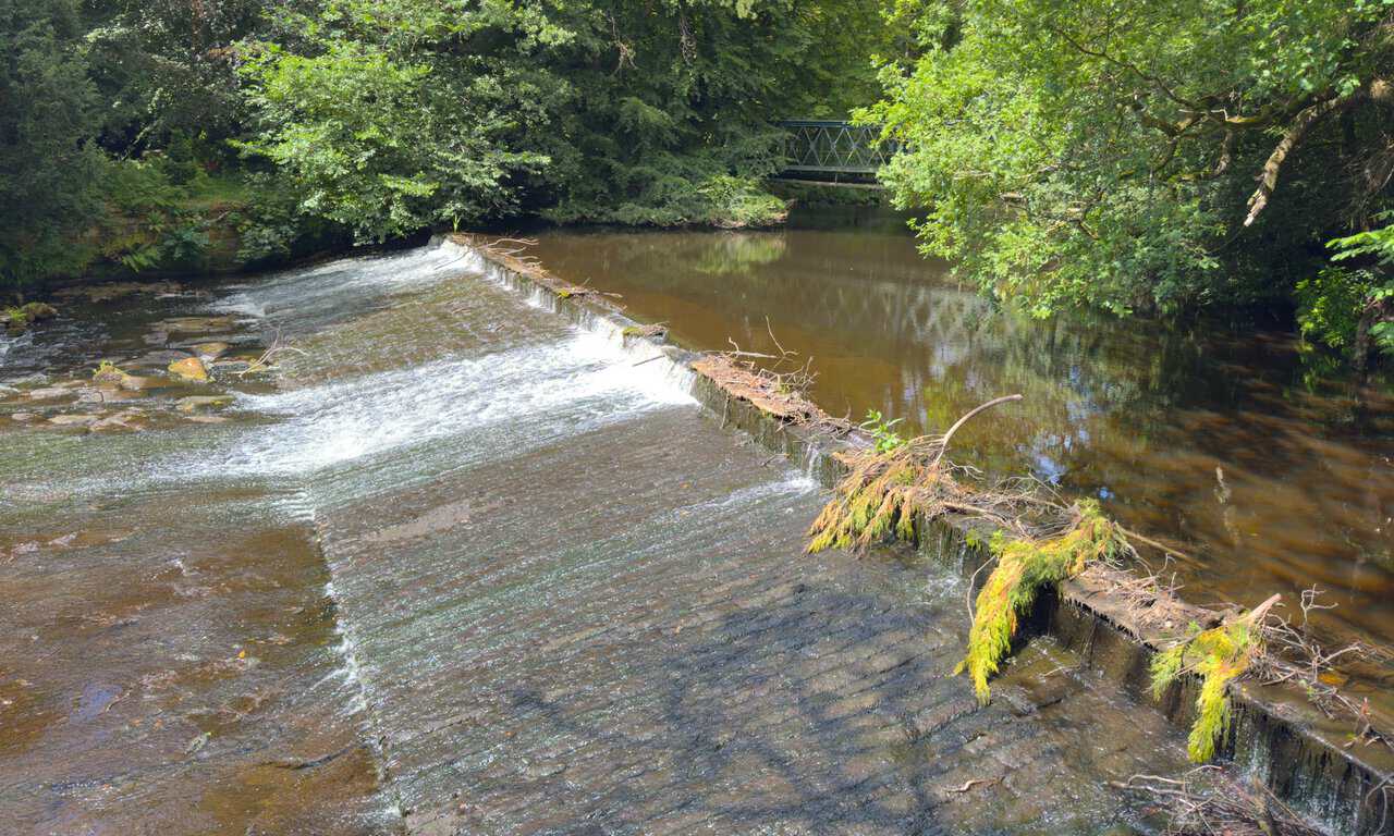 A weir on the River Nidd, its water sliding over the stone lip in a broad, smooth sheet.