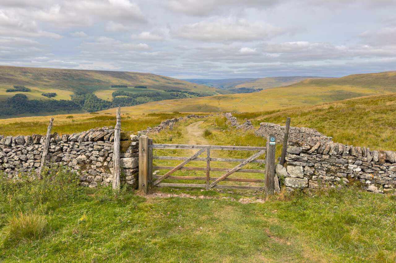 A wooden gate in a dry stone wall, looking north-west towards Buckden and Langstrothdale.