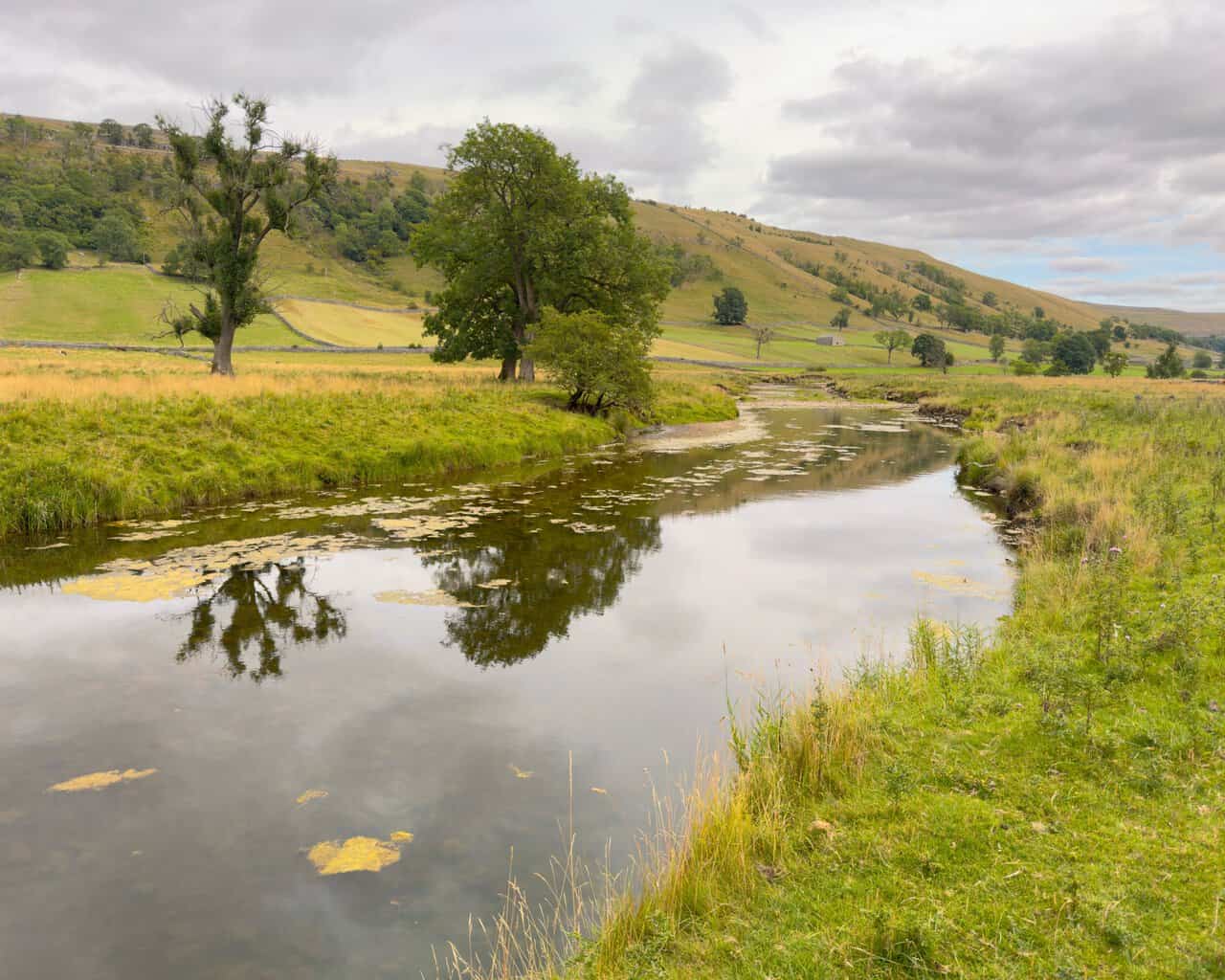 The low, still waters of the River Wharfe reflecting trees on the final stretch of the Great Whernside circular walk.