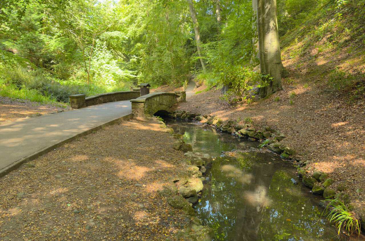 A small stone bridge with a rounded parapet crossing the stream that runs down through the wooded valley of Peasholm Park.