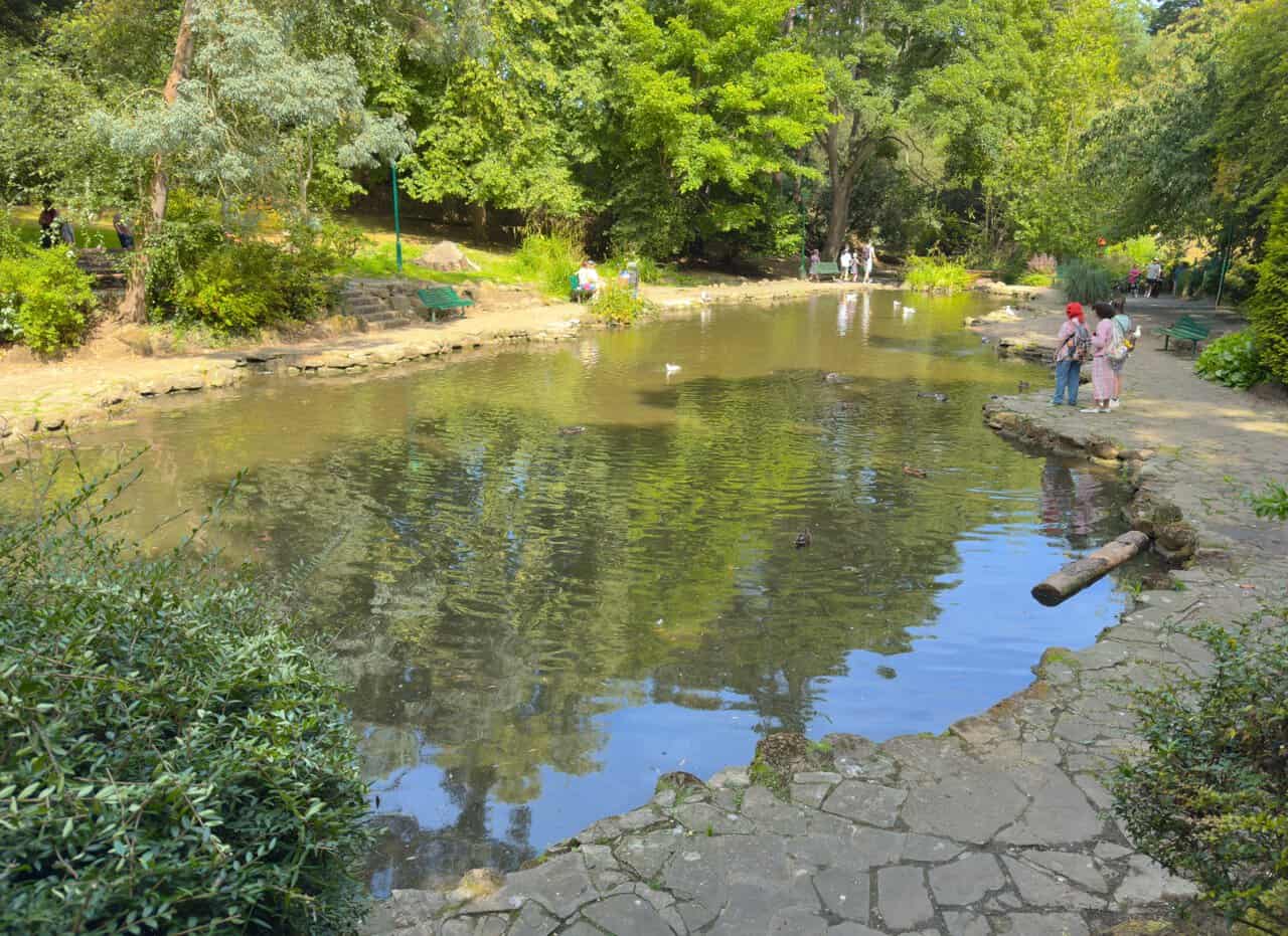One of the ornamental ponds in Peasholm Park, shallow and wide, with ducks on the water and benches set along the flagged path.