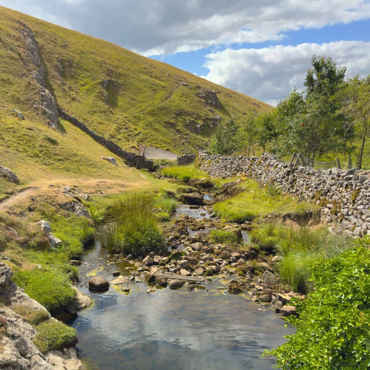 Skyreholme Beck flowing between rushes and stones at the head of the valley on the Trollers Gill walk.