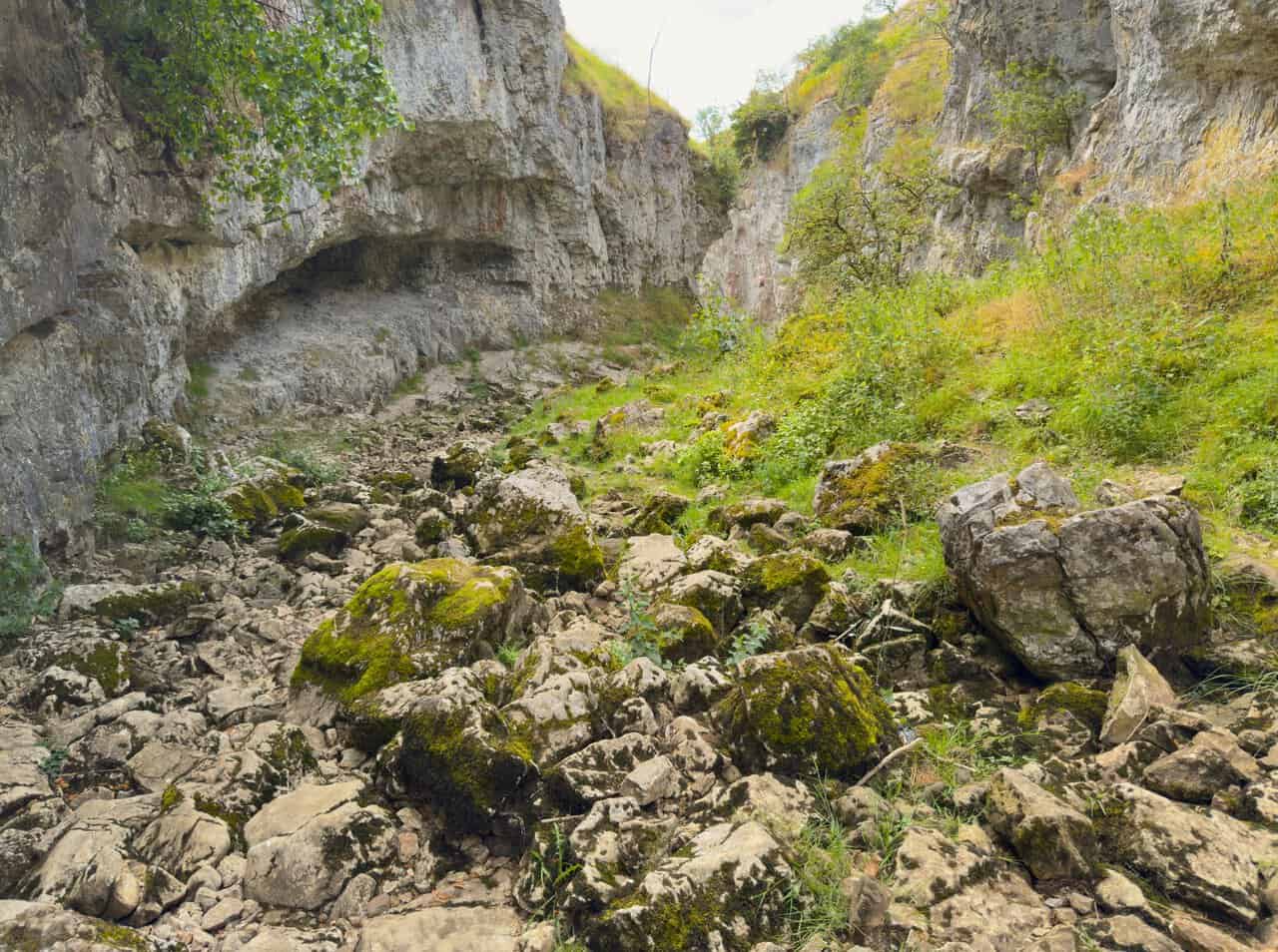 Overhanging limestone forming shallow recesses above a floor of moss-covered boulders inside the ravine.