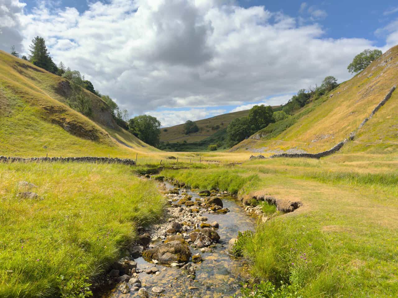 Skyreholme Beck resurfacing among the stones and running clear between grassy banks.