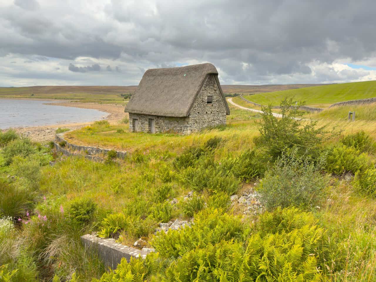 Grimwith High Laithe standing alone above the shoreline, with moorland stretching away beyond.