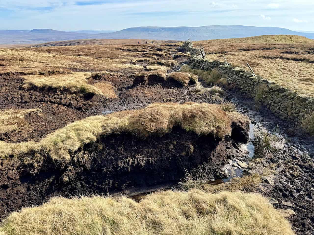 Deep peat hags and boggy ground beside a dry stone wall between the Polish Airmen's Memorial and Buckden Pike.