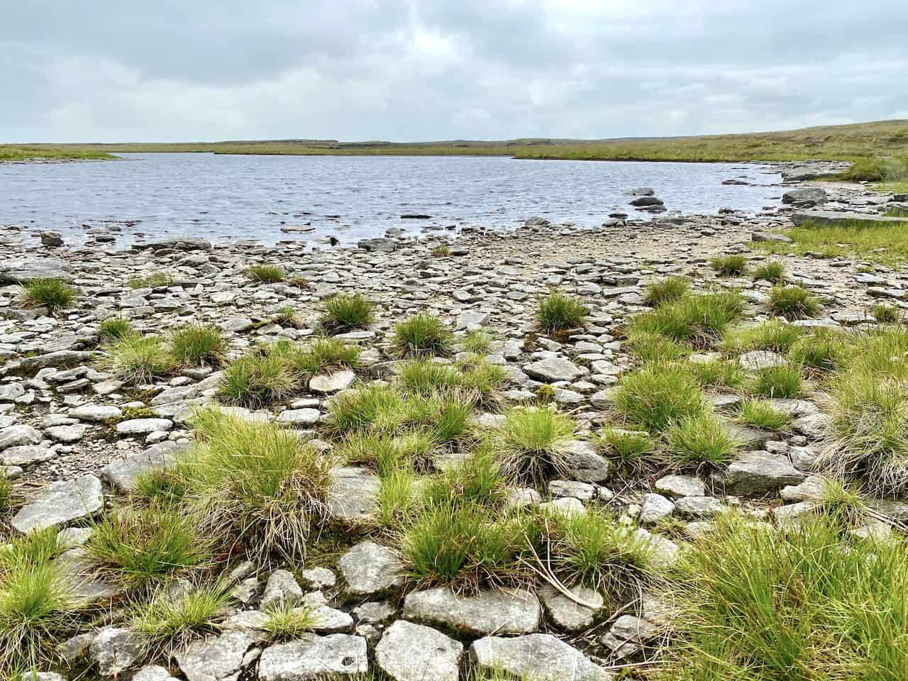A small tarn with a stony shore and tufts of grass on the broad, flat top of Birks Fell.