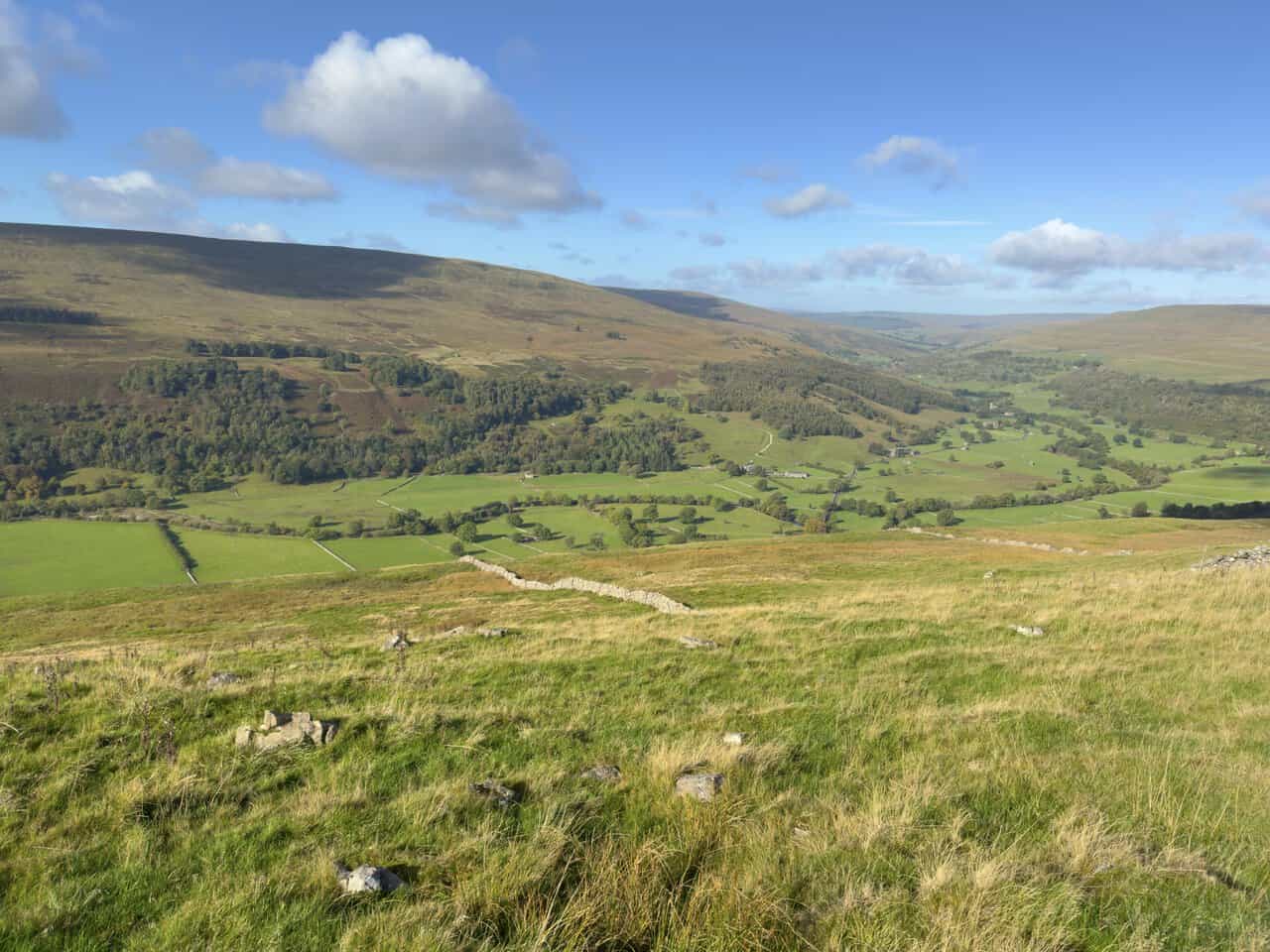 View west along Upper Wharfedale towards Hubberholme and Langstrothdale from the slopes of Buckden Pike.