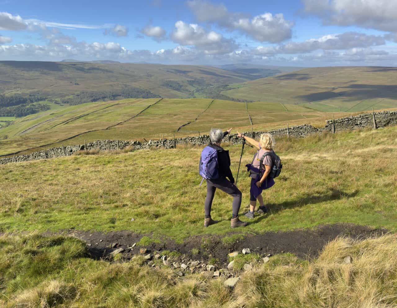 Two walkers pointing towards the distant Yorkshire Three Peaks from the upper slopes of Buckden Pike.