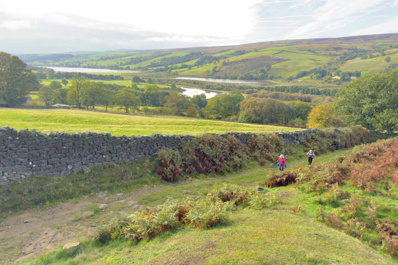 Two walkers climbing a grassy path beside a dry-stone wall, with Gouthwaite Reservoir in the valley below.