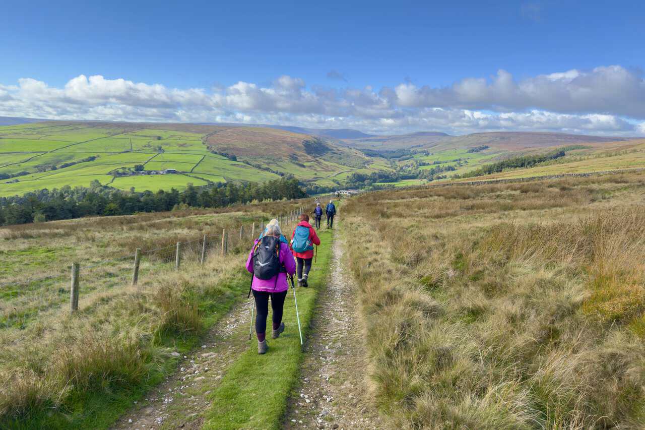 Walkers descending a grassy track towards upper Nidderdale on the Ramsgill walk, with distant fells and white cloud beyond.