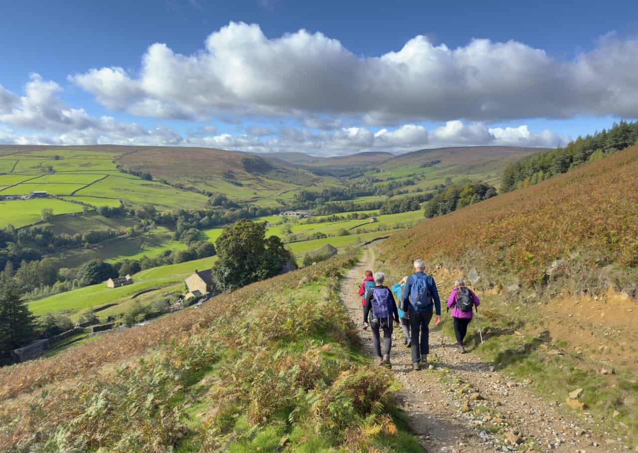 Five walkers descending a stony track through bracken towards Bracken Ridge, with farms, fields and woodland in the valley below.